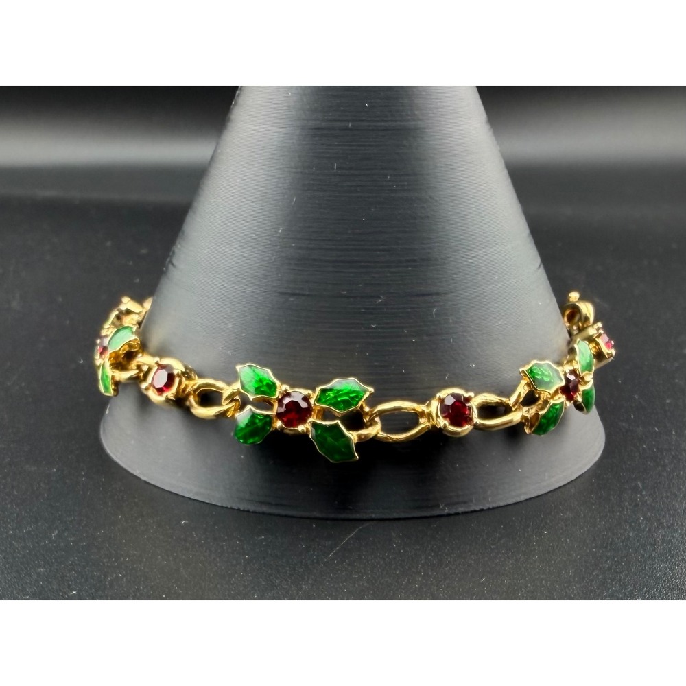 Christmas Holly Berry Bracelet 8in Gold Tone Red Green Enamel Rhinestone Festive